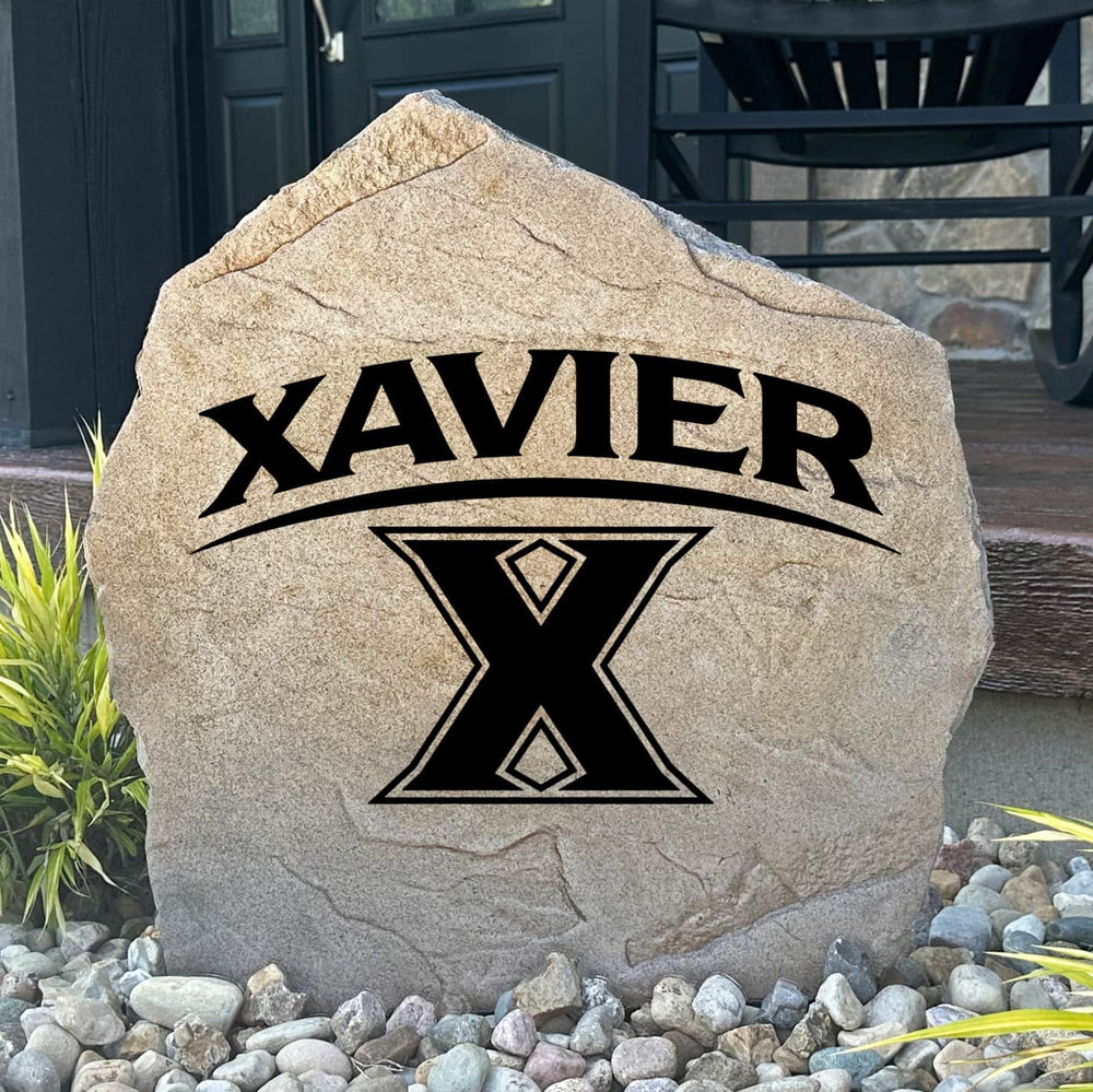 Officially licensed Xavier University logo stone featuring the iconic Musketeers emblem as a striking centerpiece for gardens, patios, and landscaped entryways.