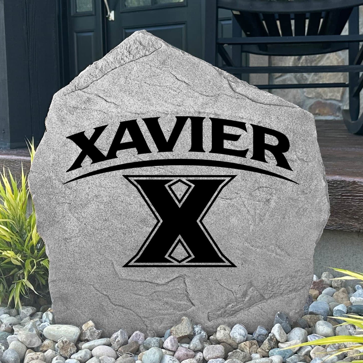 Xavier Musketeers concrete logo plaque crafted from durable concrete, showcasing school pride with timeless outdoor style and premium craftsmanship.