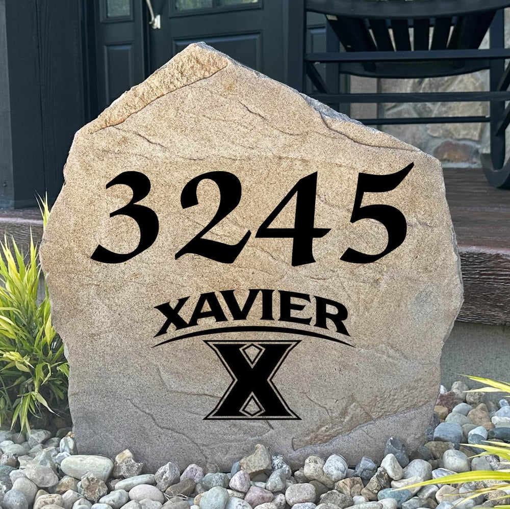 Personalized Xavier University Address Stone engraved with custom house numbers, creating a welcoming Musketeers-inspired entrance for your home.