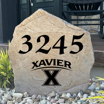 Personalized Xavier University Address Stone engraved with custom house numbers, creating a welcoming Musketeers-inspired entrance for your home.