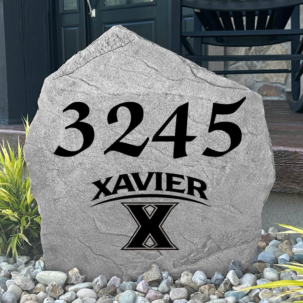 Officially licensed Xavier Musketeers address plaque crafted from durable concrete, combining elegant home identification with lasting university pride.