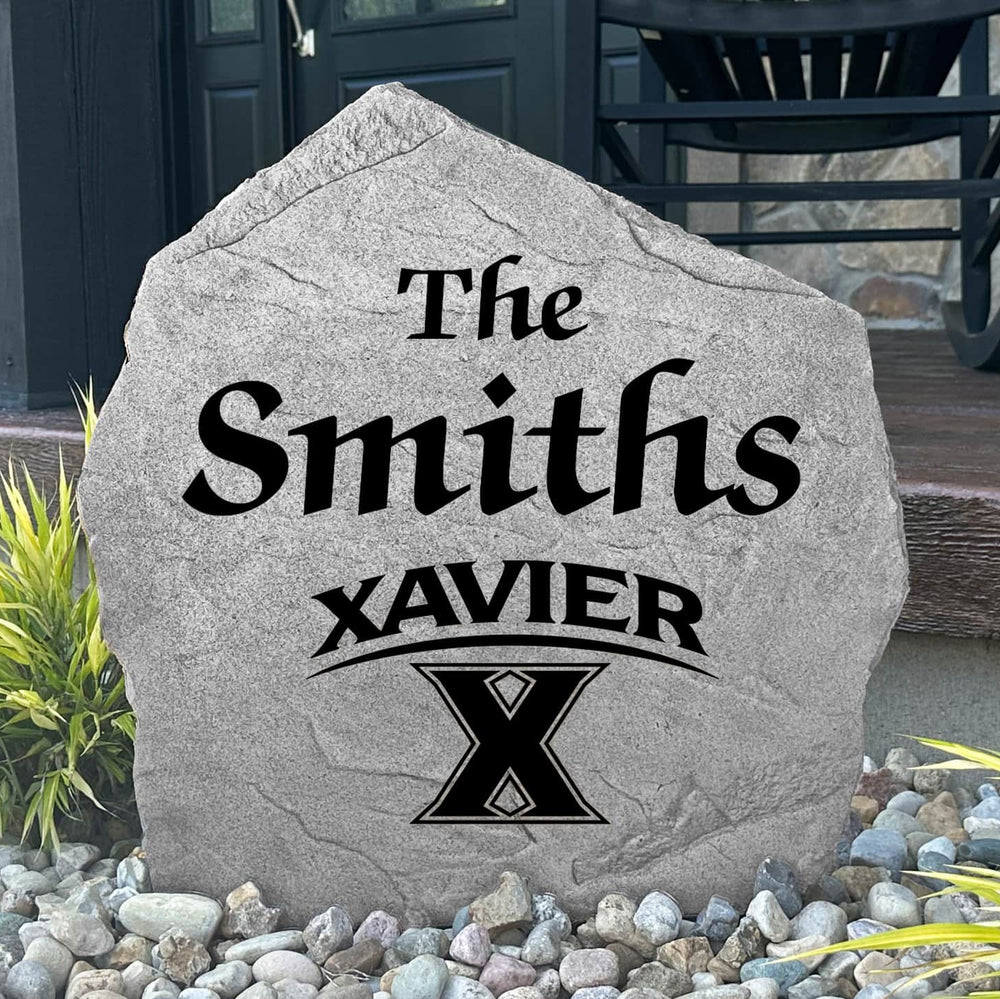 Officially licensed Xavier Musketeers family name plaque crafted from durable concrete, showcasing custom engraving with timeless collegiate style.