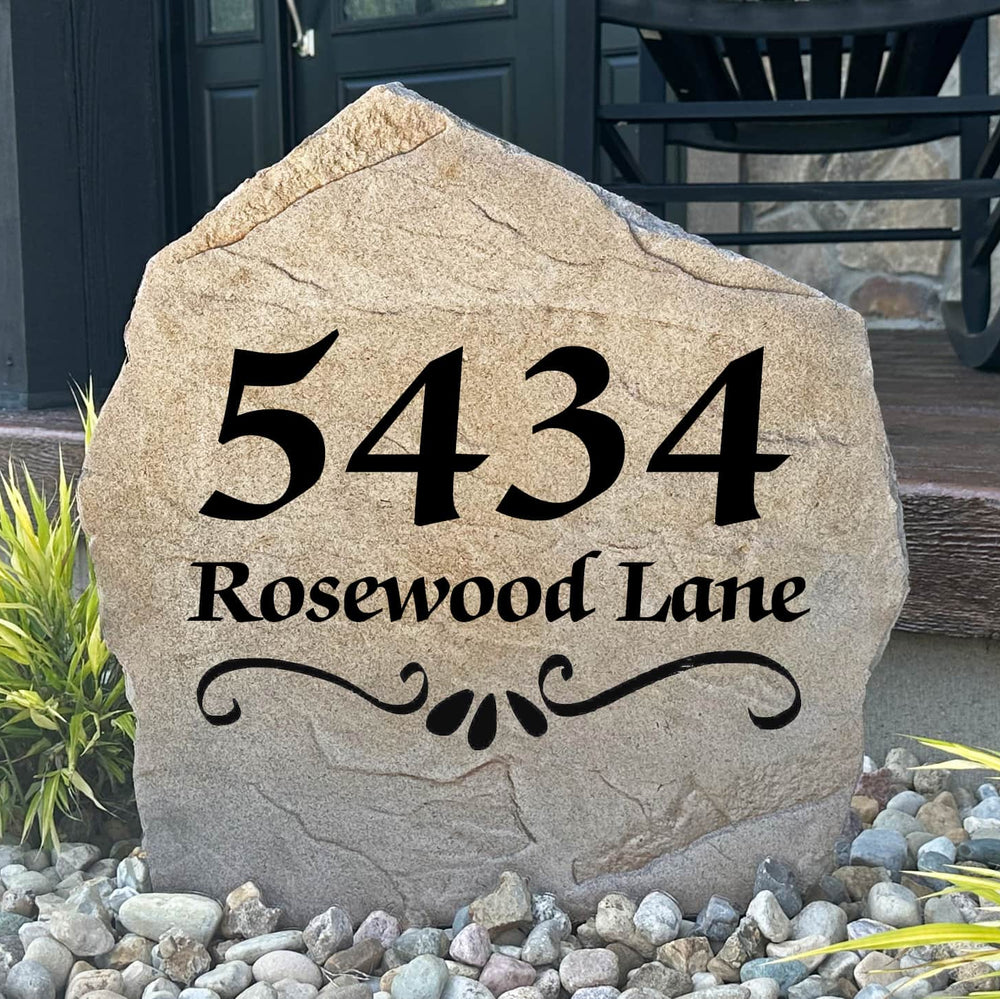 Personalized Scroll Address Stone featuring custom house numbers and elegant scrollwork engraved directly into the stone surface. This custom engraved address stone serves as a beautiful house number marker for front yards, gardens, walkways, and driveways, adding timeless curb appeal with a durable, weather-resistant design proudly made in the USA.