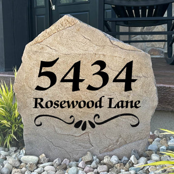 Personalized Scroll Address Stone featuring custom house numbers and elegant scrollwork engraved directly into the stone surface. This custom engraved address stone serves as a beautiful house number marker for front yards, gardens, walkways, and driveways, adding timeless curb appeal with a durable, weather-resistant design proudly made in the USA.
