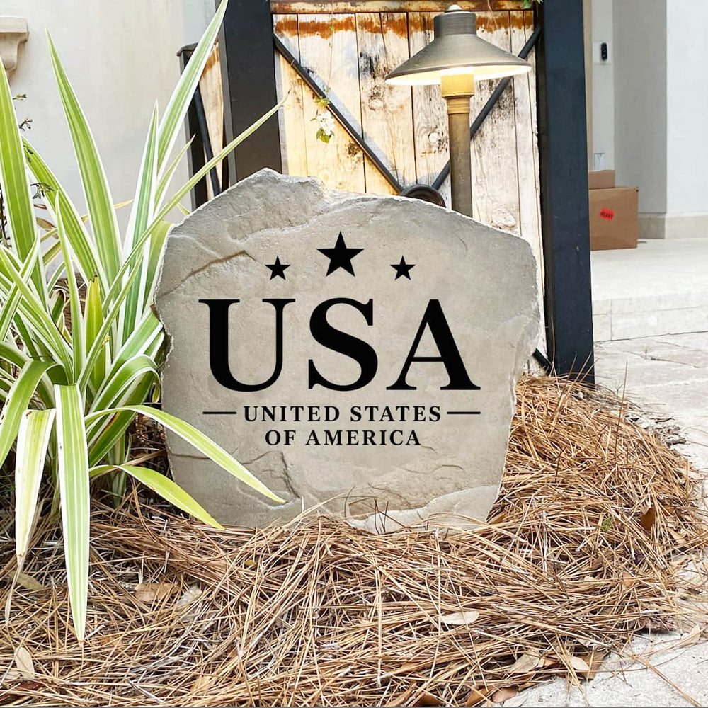 Handcrafted American Pride Stone proudly made in the USA with deep precision engraving and weather-resistant construction. Available in Sandstone and Greystone finishes for lasting outdoor beauty throughout every season.