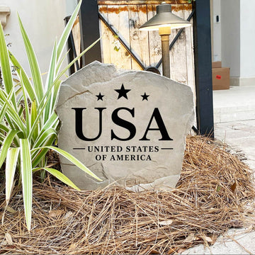 Handcrafted American Pride Stone proudly made in the USA with deep precision engraving and weather-resistant construction. Available in Sandstone and Greystone finishes for lasting outdoor beauty throughout every season.