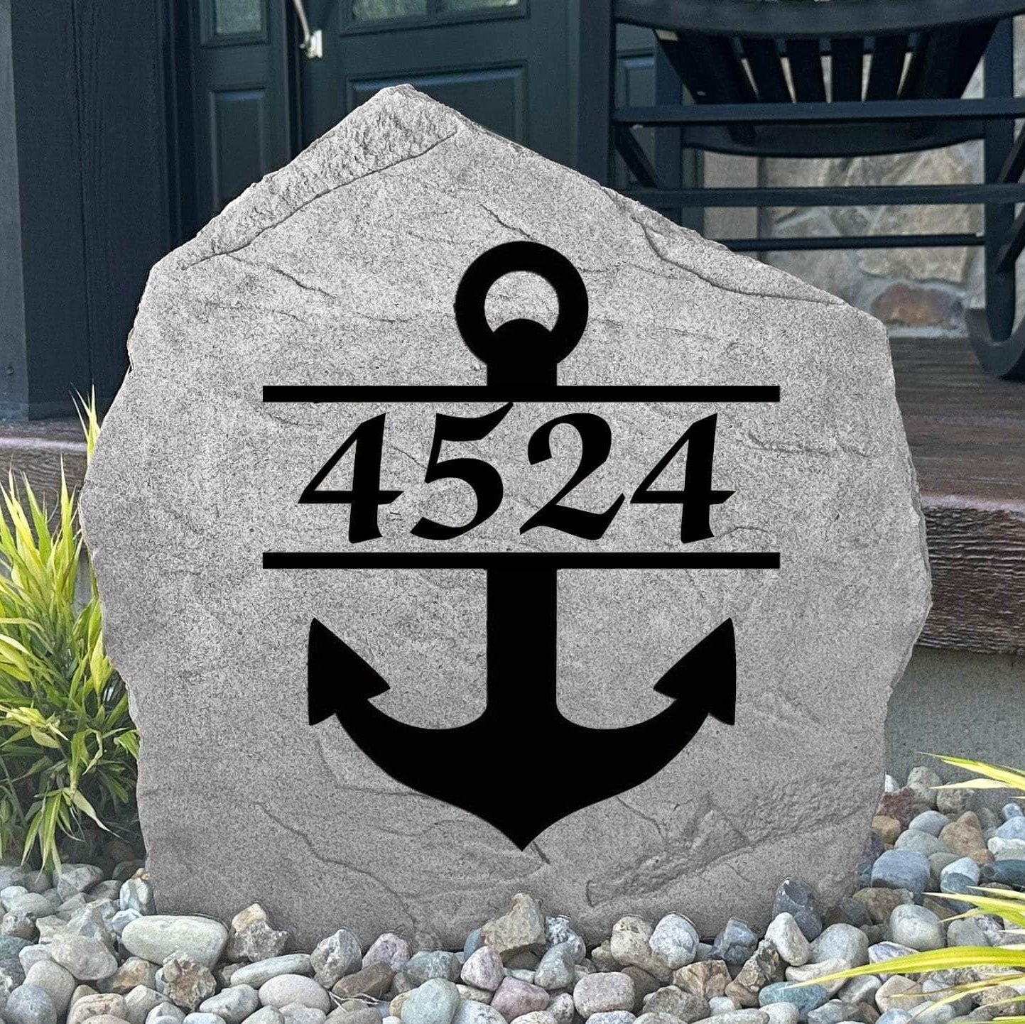 Personalized Anchor Address Stone engraved with custom house numbers, bringing timeless nautical style to coastal homes, lake houses, and waterfront properties.