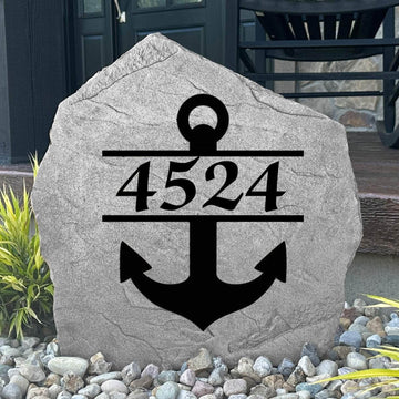 Personalized Anchor Address Stone engraved with custom house numbers, bringing timeless nautical style to coastal homes, lake houses, and waterfront properties.