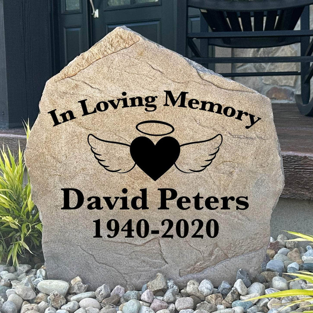 Angel Wings & Heart memorial stone beautifully engraved to honor a beloved loved one with a peaceful symbol of love, comfort, and eternal remembrance.
