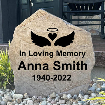 Angel Wings memorial stone beautifully engraved to honor the memory of a cherished loved one with a peaceful and comforting garden tribute.