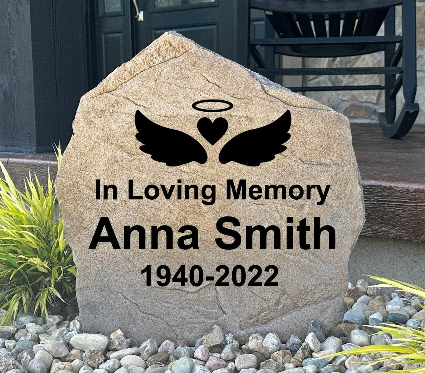Angel Wings Memorial Stone engraved with name and dates.