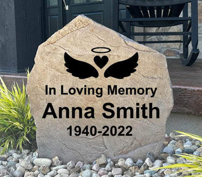 Angel Wings Memorial Stone engraved with name and dates.