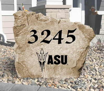 Arizona State University Sun Devils logo with engraved address on landscaping stone