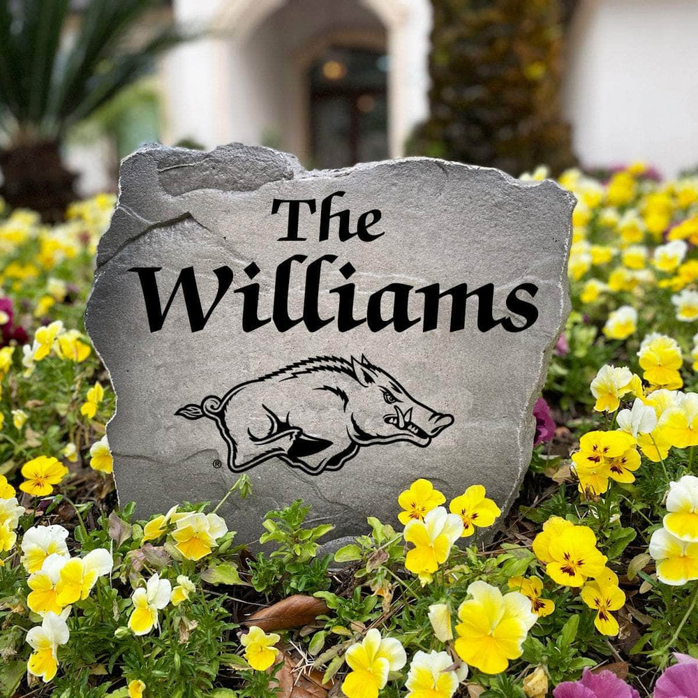 Premium University of Arkansas surname landscape stone made for alumni, devoted fans, and homeowners who want a personalized Razorbacks accent.