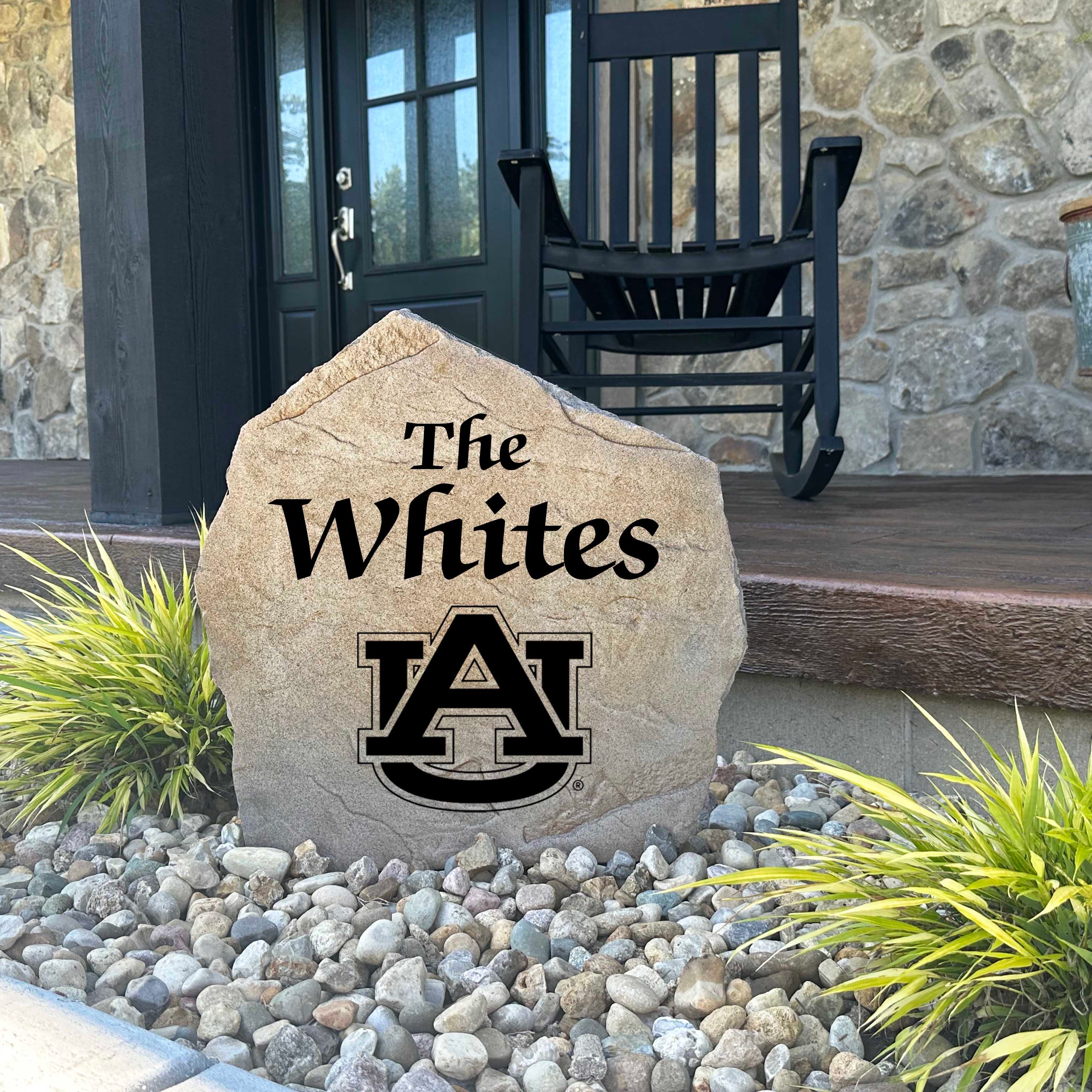 Decorative Auburn University family name stone designed for loyal Tigers fans, alumni, and graduates. This personalized outdoor stone enhances curb appeal while proudly displaying your school spirit in gardens, walkways, and outdoor living spaces.