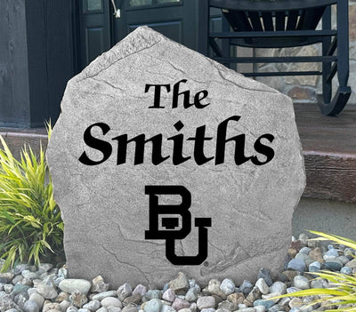 Outdoor rock featuring Baylor Bears branding and custom last name for décor.
