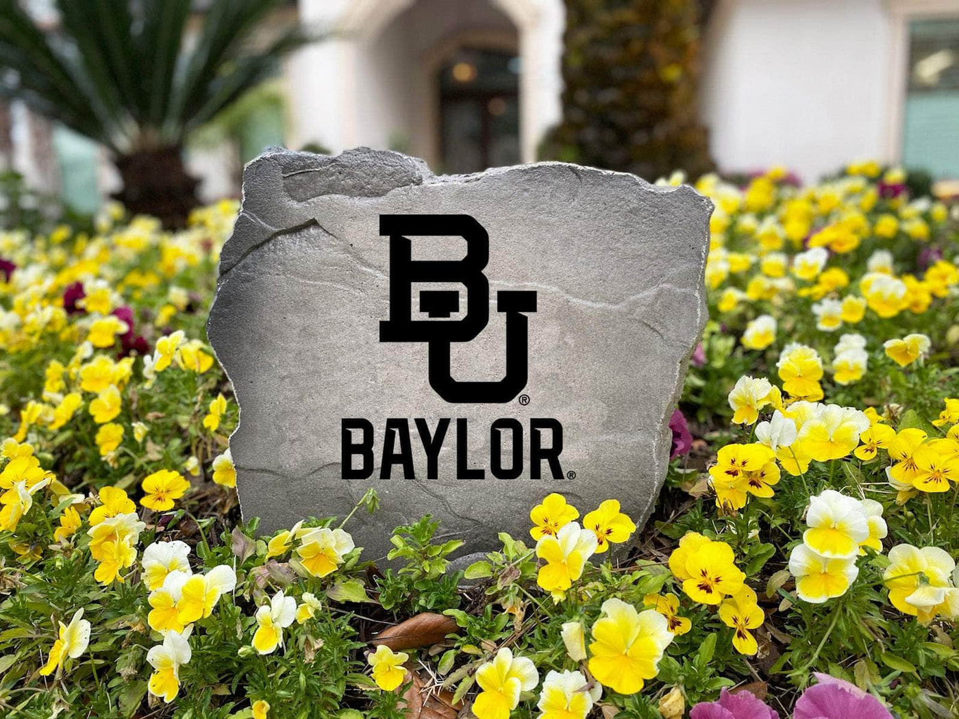 Outdoor rock with Baylor University design, perfect for front yard display.
