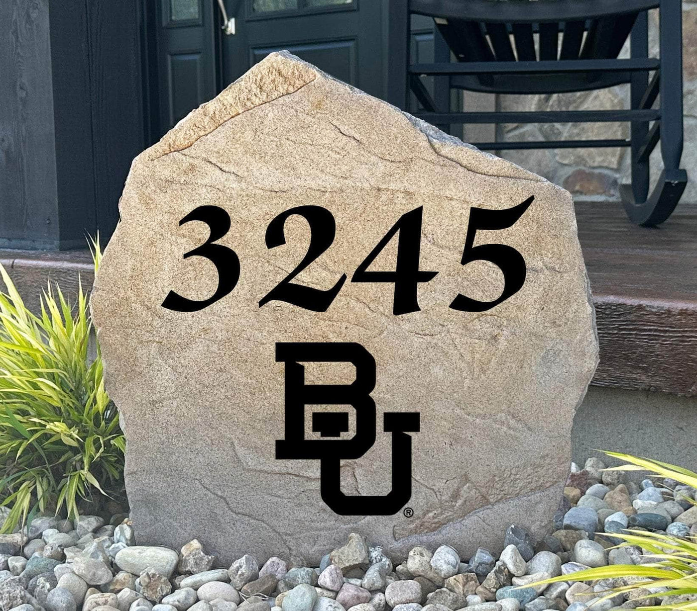 Baylor University address stone with bold house numbers and official BU logo.