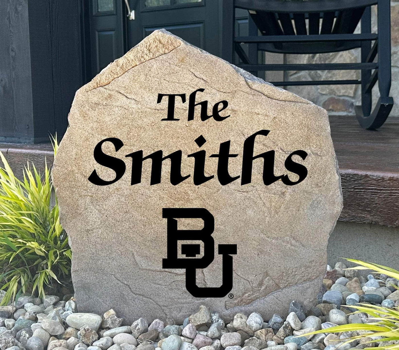 Engraved Baylor University stone with personalized family name and BU logo.