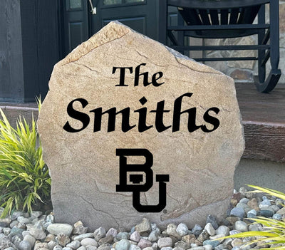 Engraved Baylor University stone with personalized family name and BU logo.