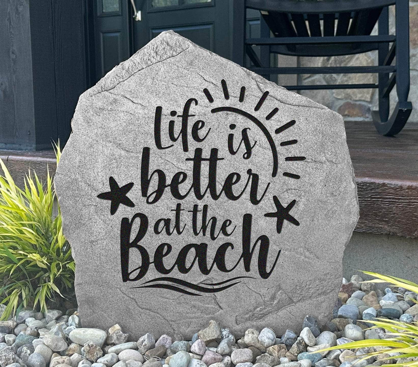 Coastal theme engraved stone with beach design and quote
