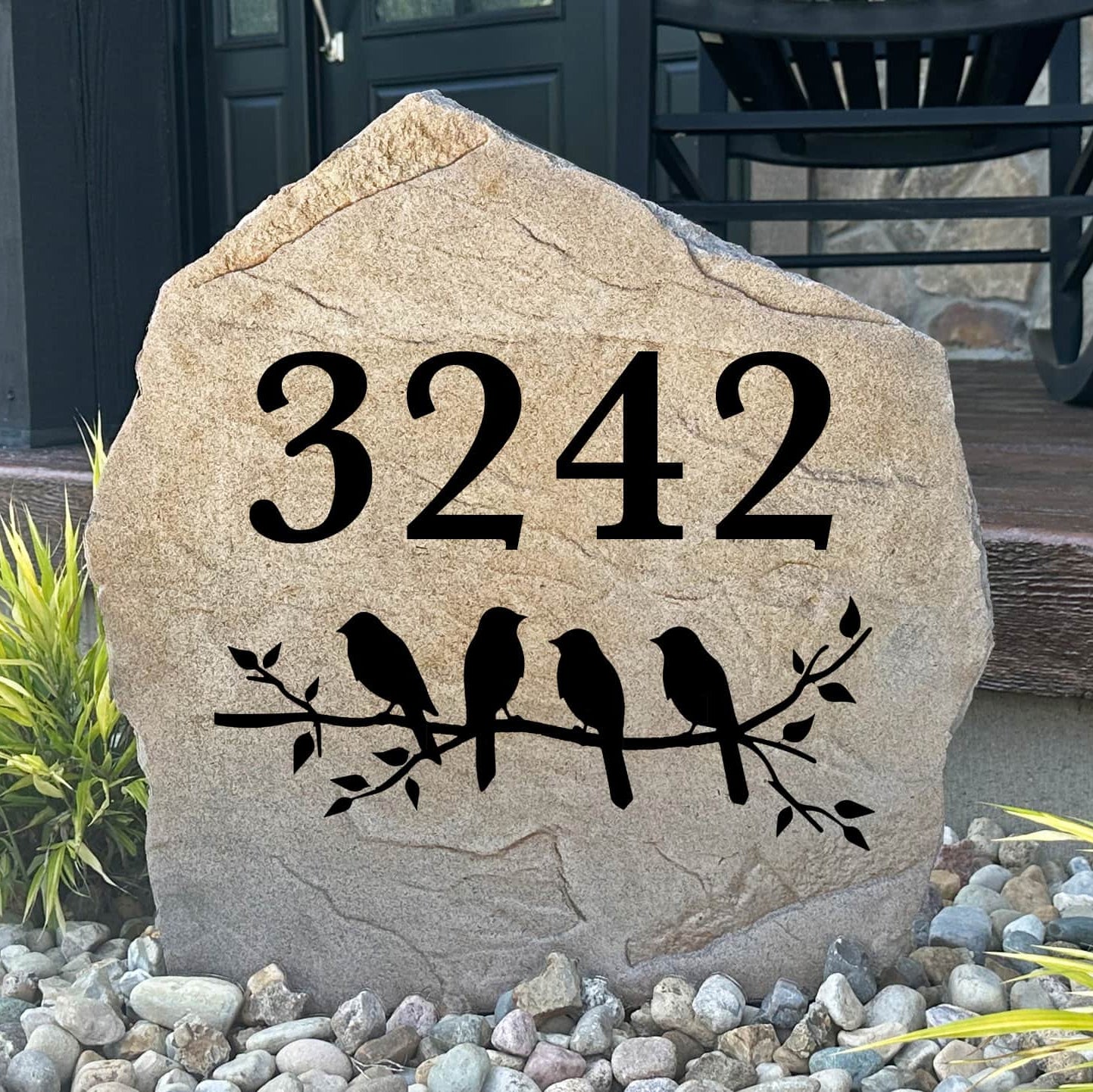 Personalized Bird Address Stone featuring custom house numbers and elegant bird artwork engraved directly into the stone surface. This decorative address marker adds timeless curb appeal to front yards, gardens, driveways, and entryways.
