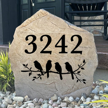 Personalized Bird Address Stone featuring custom house numbers and elegant bird artwork engraved directly into the stone surface. This decorative address marker adds timeless curb appeal to front yards, gardens, driveways, and entryways.