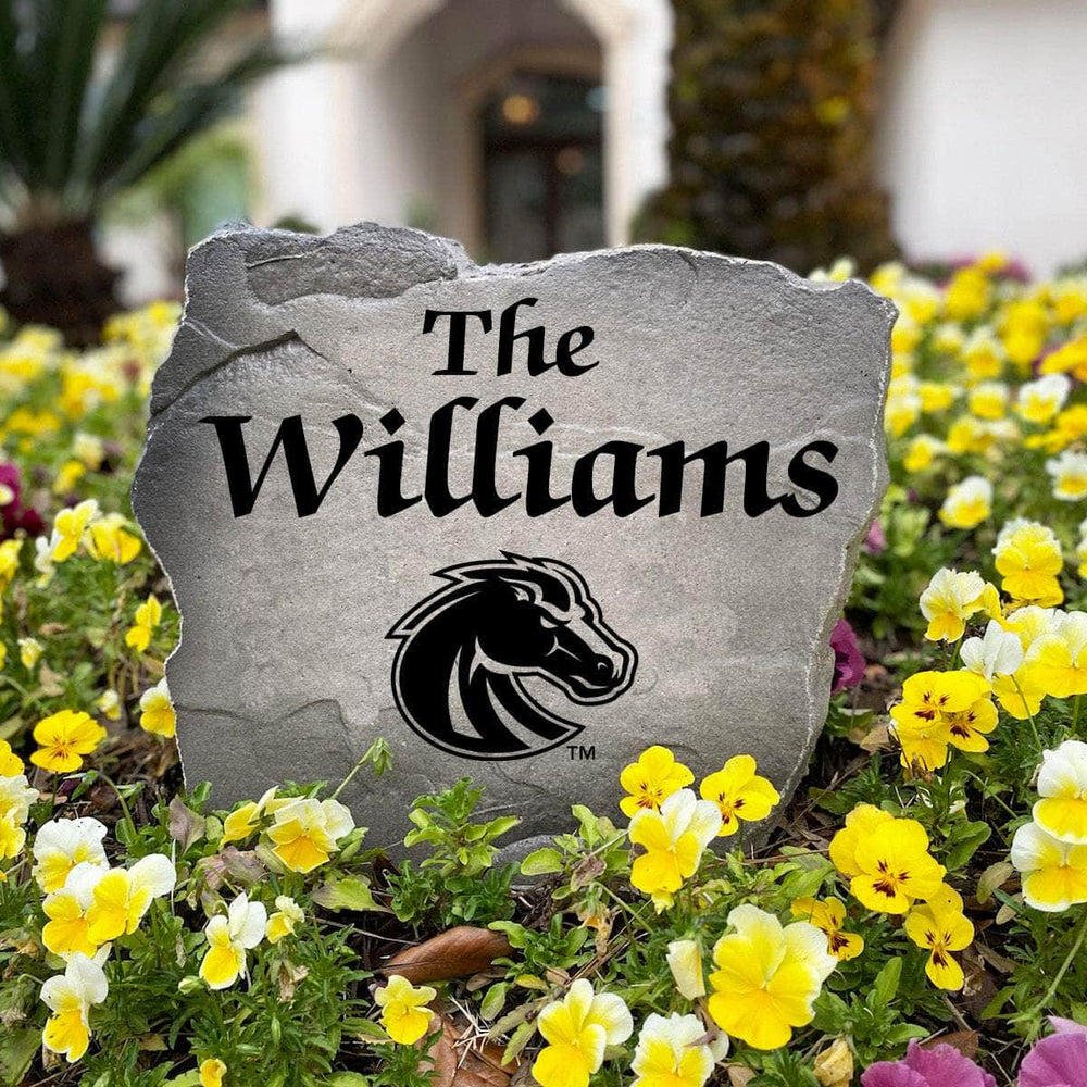 Officially licensed Boise State Broncos Name Stone handcrafted in the USA with custom family engraving and detailed team artwork. This decorative garden stone enhances landscape beds, patios, and outdoor living spaces with lasting beauty and school spirit.