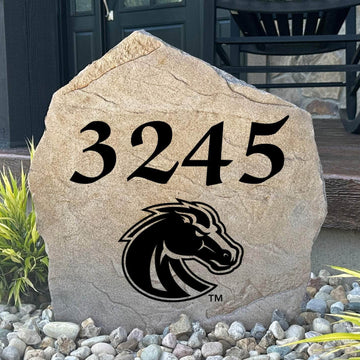 Officially licensed Boise State University Address Stone featuring custom house numbers and the iconic Boise State Broncos logo engraved directly into the stone surface. This personalized address stone enhances curb appeal and creates a beautiful house number marker for front yards, gardens, driveways, and entryways.