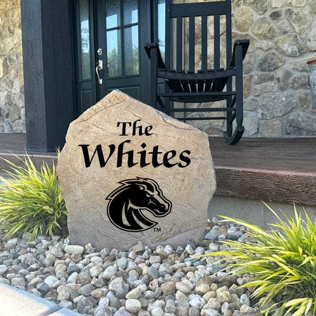 Decorative Boise State Broncos Name Stone featuring personalized family names permanently engraved into the stone surface alongside the official team logo. Perfect for gardens, patios, and entryways, this outdoor accent celebrates Boise State pride and tradition.