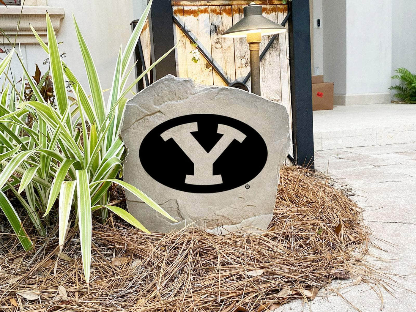 Personalized BYU logo rock for front yard or garden display