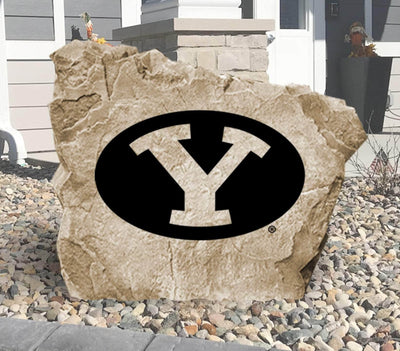 Engraved Brigham Young University logo stone for outdoor landscaping