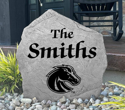 Custom engraved Boise State rock with last name for front yard
