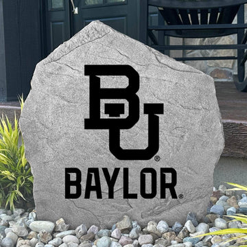 Custom Baylor University Logo Stone displayed in a landscaped flower bed, showcasing officially licensed Baylor Bears artwork with permanent engraving. This decorative outdoor stone creates a beautiful focal point for alumni homes and Baylor fans.