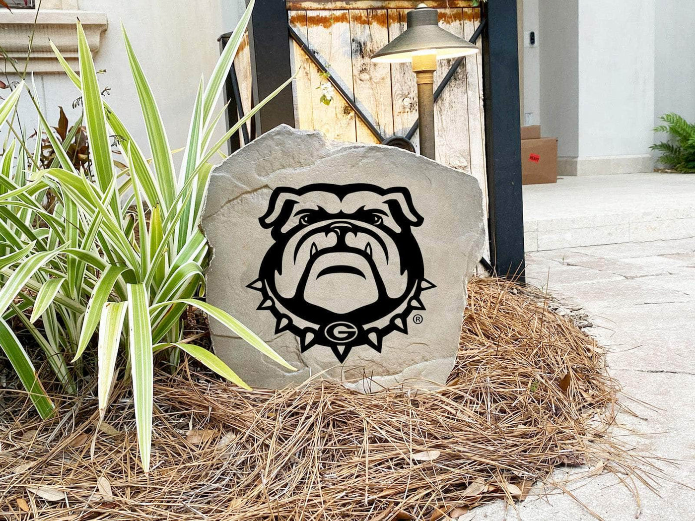 Outdoor garden rock for Georgia fans with bulldog face