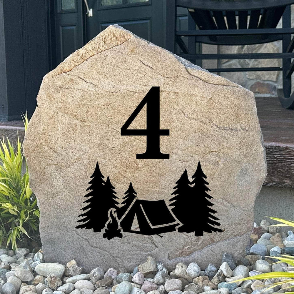 Personalized Campsite Address Stone engraved with your campsite number or name, creating a welcoming landmark for RV sites, cabins, and campgrounds.