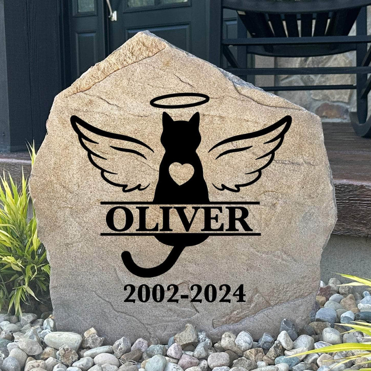 Personalized cat memorial monogram stone engraved with your beloved pet's name and initial, creating a heartfelt tribute in your garden or yard