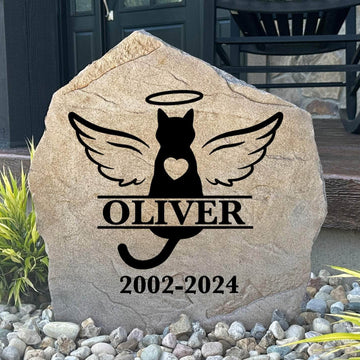 Personalized cat memorial monogram stone engraved with your beloved pet's name and initial, creating a heartfelt tribute in your garden or yard
