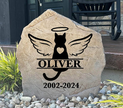 Personalized cat memorial monogram stone with angel wings and name engraving