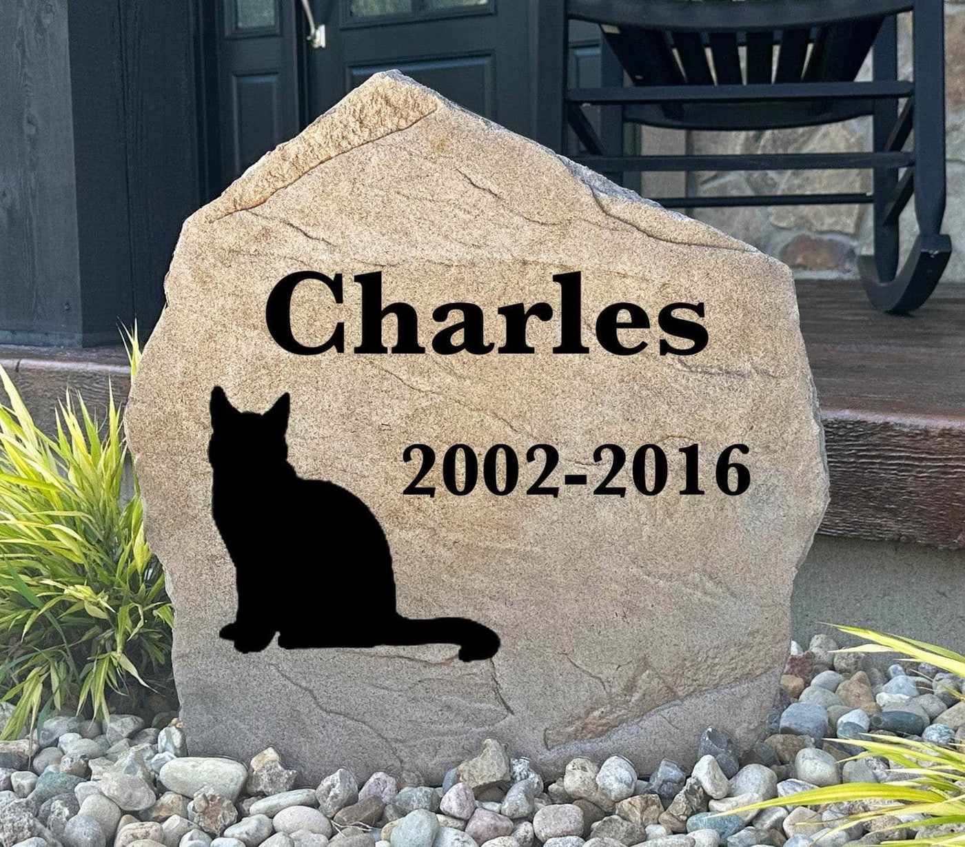 Personalized cat memorial stone engraved with paw print and name