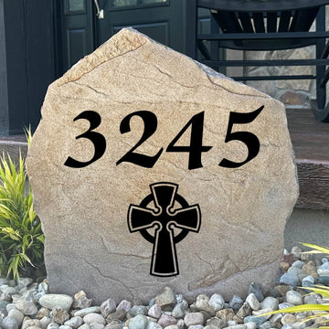 Personalized Celtic Cross Address Stone featuring custom house numbers and a beautifully engraved Celtic cross design. This decorative address marker enhances front yards, gardens, driveways, and entryways with timeless curb appeal.