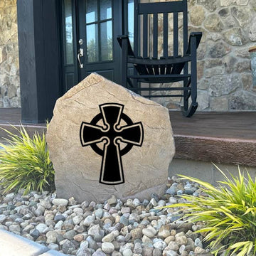 Beautiful engraved Celtic Cross Stone handcrafted in the USA with intricate Celtic knotwork and timeless appeal. This decorative garden stone complements flower beds, patios, memorial gardens, and landscape borders.