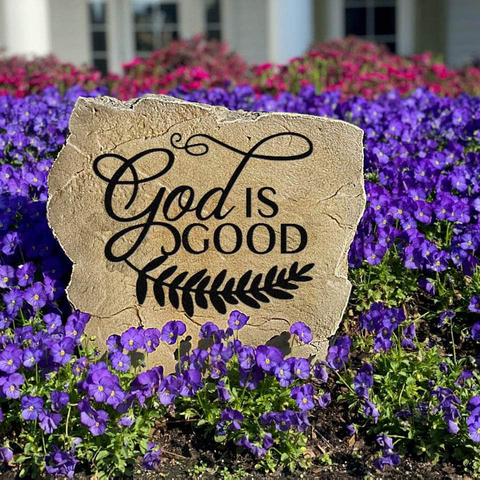 Weather-resistant God Is Good outdoor monument designed with decorative botanical details to create a peaceful and uplifting landscape centerpiece.