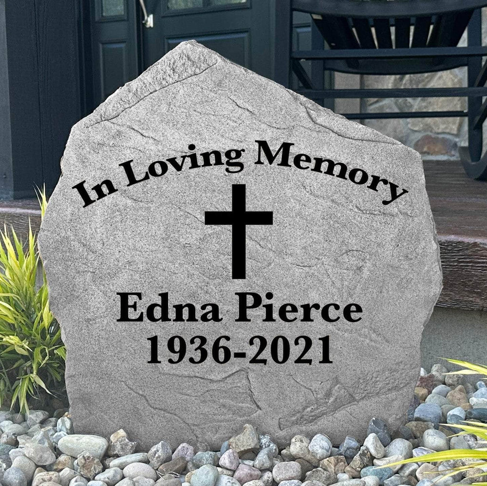 Christian remembrance stone featuring a timeless cross design, crafted from durable concrete for a lasting outdoor tribute to someone dearly missed.