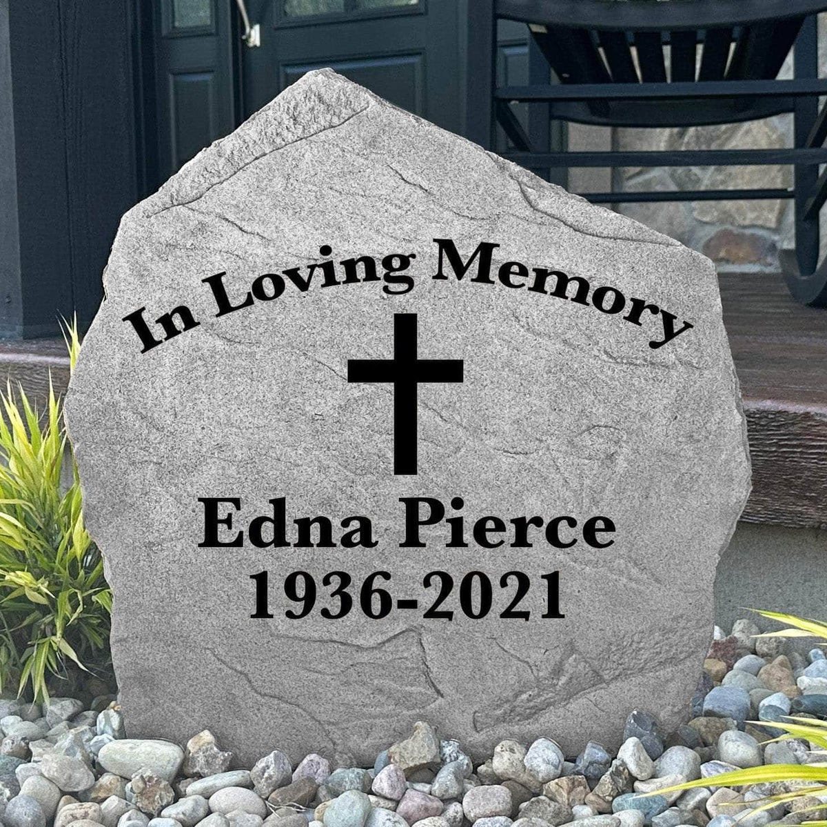 Christian remembrance stone featuring a timeless cross design, crafted from durable concrete for a lasting outdoor tribute to someone dearly missed.
