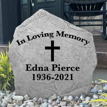 Christian remembrance stone featuring a timeless cross design, crafted from durable concrete for a lasting outdoor tribute to someone dearly missed.