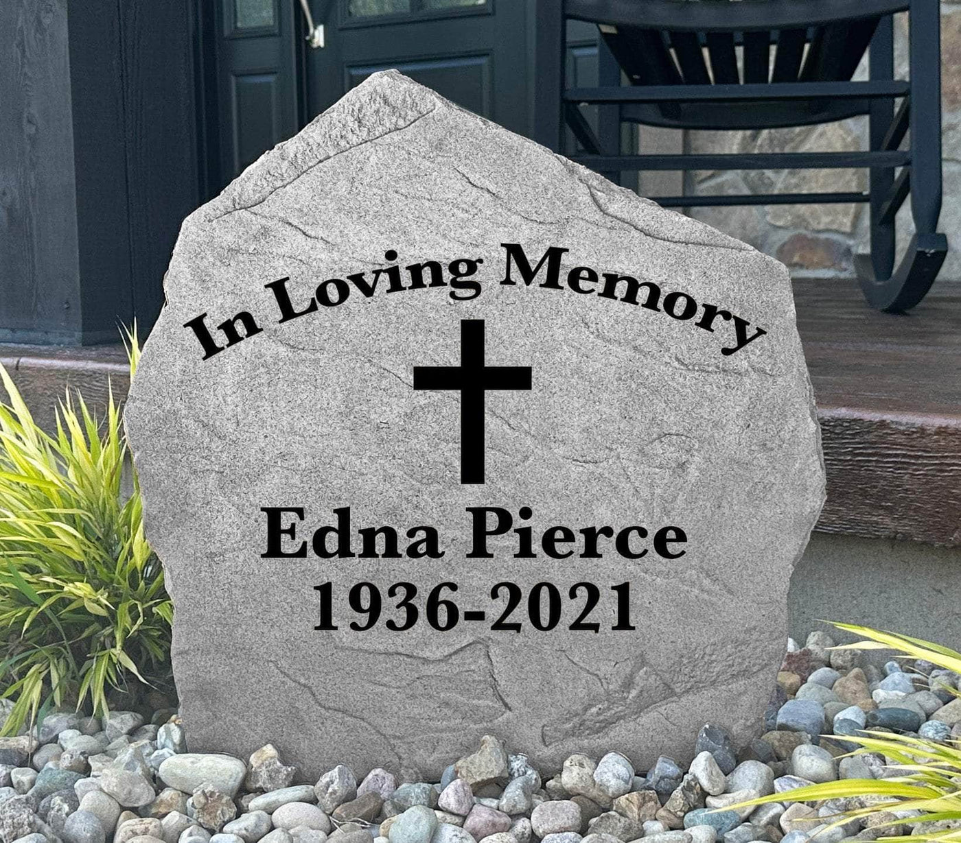 Custom engraved stone with Christian cross for memorial garden.