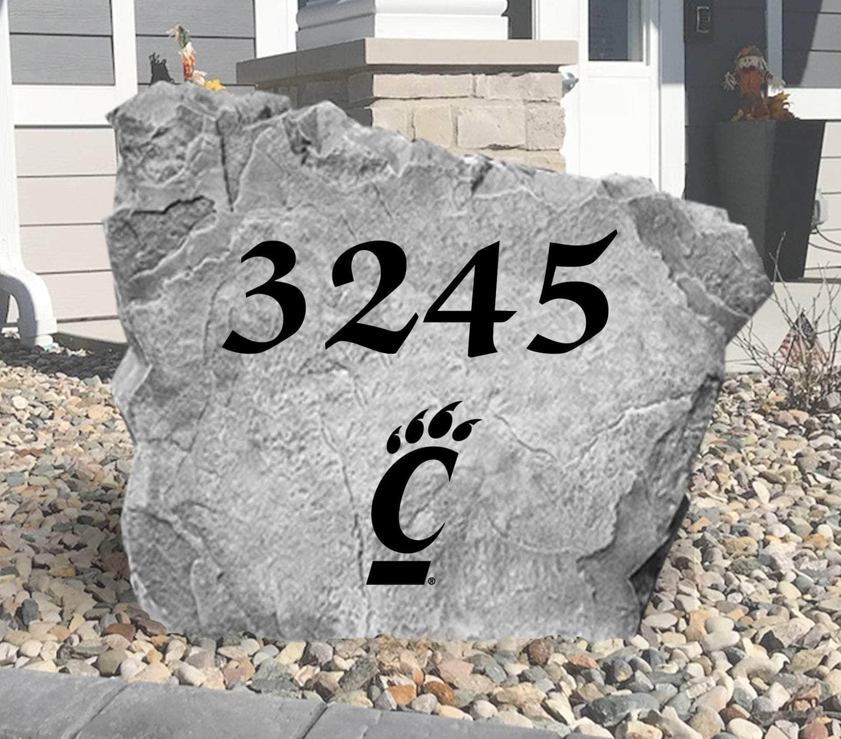 Custom University of Cincinnati Address Stone featuring the official Bearcats logo and personalized house numbers. A stylish way to display your address in front yards, driveways, gardens, and landscaped entryways.