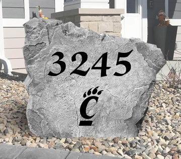 Custom University of Cincinnati Address Stone featuring the official Bearcats logo and personalized house numbers. A stylish way to display your address in front yards, driveways, gardens, and landscaped entryways.
