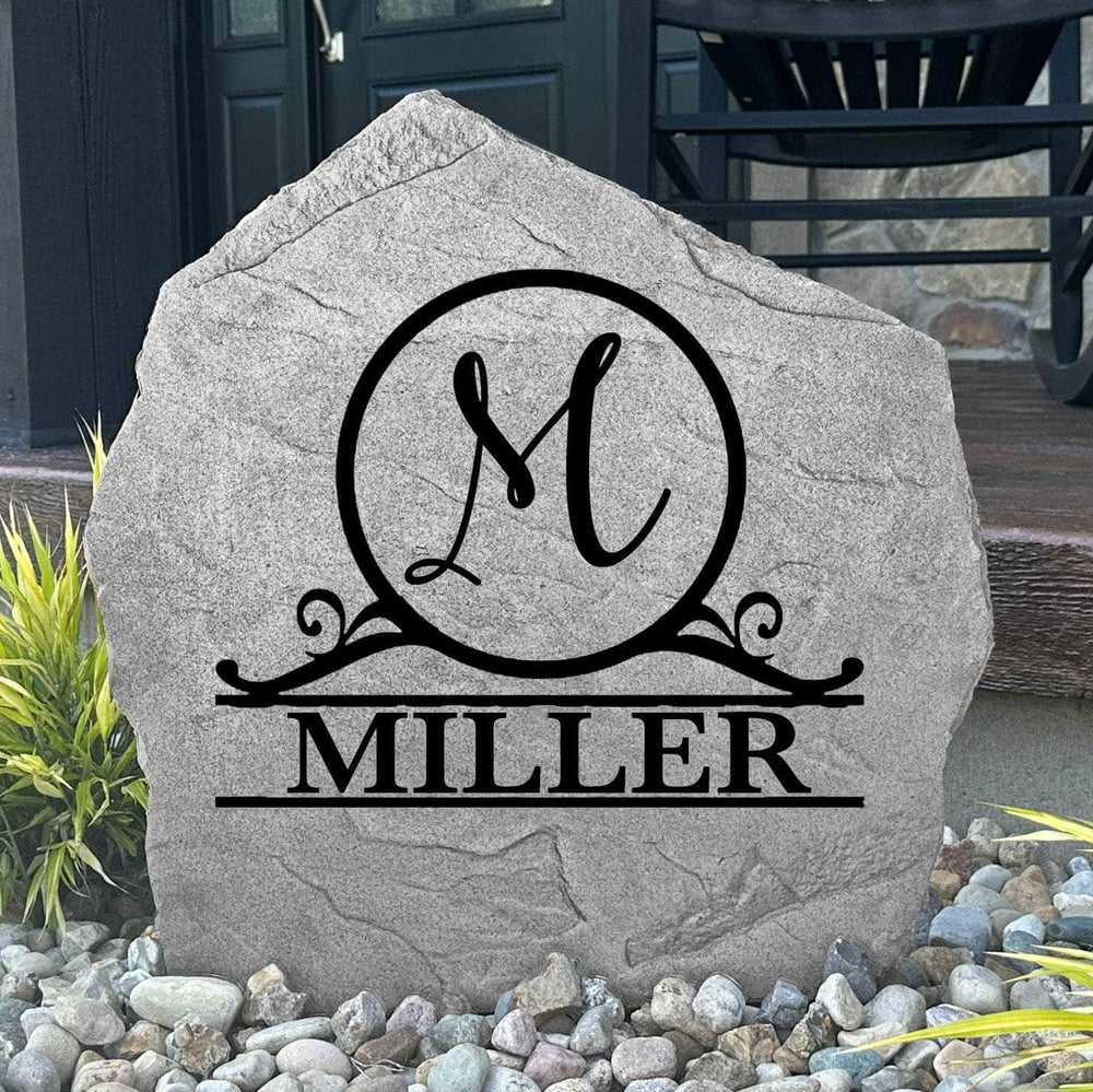 Personalized Circle Monogram Name Stone featuring your family initial and surname, creating a timeless centerpiece for gardens, patios, and front entrances.